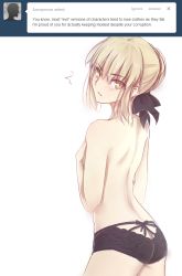 Rule 34 | 1girl, ^^^, artoria pendragon (all), artoria pendragon (fate), ass, back, black panties, blonde hair, braid, butt crack, covering privates, covering breasts, covering chest, fate/stay night, fate (series), flat ass, french braid, hair bun, hair ribbon, lace, lace-trimmed panties, lace trim, pale skin, panties, panties only, ribbon, saber (fate), saber alter, short hair, single hair bun, solo, surprised, topless, tumblr, tusia, underwear, underwear only, yellow eyes