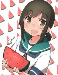 Rule 34 | 1girl, artist logo, black eyes, black hair, blue sailor collar, commentary request, food, fruit, fruit background, fubuki (kancolle), highres, kantai collection, long hair, looking at viewer, low ponytail, ma rukan, open mouth, ponytail, sailor collar, school uniform, serafuku, short ponytail, sidelocks, smile, solo, watermelon, watermelon background, white background