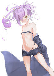 Rule 34 | 1girl, absurdres, ahoge, bare shoulders, blush, breasts, closed mouth, collarbone, eyes visible through hair, groin, hair over one eye, highres, looking at viewer, navel, original, pola (1021), purple hair, short shorts, shorts, simple background, small breasts, solo, standing, topless, underwear, wavy mouth, white background, yellow eyes