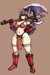 Rule 34 | 1girl, abs, armor, axe, bikini armor, boots, breasts, cleavage, dragon quest, dragon quest iii, funamushi (funa), helmet, large breasts, loincloth, muscular, muscular female, pelvic curtain, purple eyes, soldier (dq3), solo, square enix, thighs