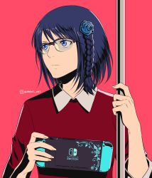 Rule 34 | another eden, artist name, blue eyes, braid, flower, glasses, gumbat, hair flower, hair ornament, highres, nintendo switch, pole, red background, red shirt, shirt, standing, twitter username