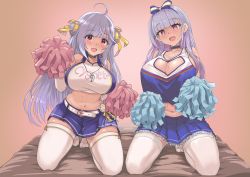 Rule 34 | 2girls, absurdres, ahoge, alternate breast size, azur lane, bare shoulders, belt, blue skirt, blush, breasts, character name, cheerleader, choker, cleavage, cleavage cutout, clothing cutout, collarbone, commentary request, crop top, crop top overhang, cygnet (azur lane), cygnet (royal fanfare) (azur lane), dido (azur lane), elbow gloves, gloves, hair ribbon, hairband, head tilt, heart cutout, highres, huge filesize, kneeling, large breasts, long hair, looking at viewer, midriff, multiple girls, navel, open mouth, pink eyes, pleated skirt, pom pom (cheerleading), red eyes, ribbon, shirt, silver hair, skirt, sleeveless, sleeveless shirt, smile, sweat, thighhighs, two-tone shirt, upanishi mariko, whistle, whistle around neck, white gloves, white legwear, yellow ribbon