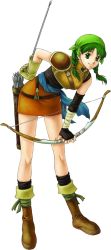 Rule 34 | 1girl, arm behind back, armor, arrow (projectile), asymmetrical gloves, bandana, bare legs, black gloves, boots, bow (weapon), braid, brown footwear, closed mouth, elbow gloves, female focus, fingerless gloves, fire emblem, fire emblem: the blazing blade, full body, gloves, green bandana, green bandanna, green eyes, green hair, hair over shoulder, holding, holding weapon, izuka daisuke, legs, looking at viewer, matching hair/eyes, nintendo, official art, orange skirt, parted bangs, pauldrons, pencil skirt, quiver, rebecca (fire emblem), short hair, shoulder armor, simple background, single elbow glove, single fingerless glove, single glove, skirt, smile, solo, standing, twin braids, twintails, uneven gloves, weapon, white background, yellow gloves