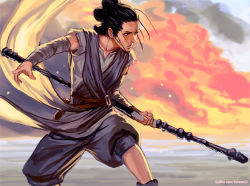 Rule 34 | 1girl, blue eyes, brown hair, day, detached sleeves, explosion, eyebrows, folded ponytail, hair bun, kasai, lips, looking back, nose, outdoors, pout, rey (star wars), short hair, signature, single hair bun, solo, staff, standing, star wars, star wars: the force awakens, upper body, watermark, weapon, web address