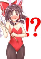 Rule 34 | !?, 1girl, :d, alternate costume, animal ears, bare shoulders, black hair, black pantyhose, blush, bow, breasts, brown eyes, cleavage, covered navel, cowboy shot, detached collar, embarrassed, fake animal ears, gohei, hair bow, hair tubes, hakurei reimu, highres, keyaki chimaki, leotard, looking at viewer, nose blush, open mouth, pantyhose, playboy bunny, rabbit ears, red bow, red leotard, short hair, sideboob, sleeveless, small breasts, smile, solo, thigh gap, touhou, wavy mouth, yin yang