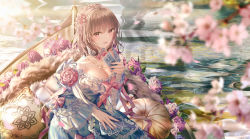 Rule 34 | 1girl, :d, absurdres, blue dress, blurry, blurry foreground, boat, braid, breasts, brown hair, card, cleavage, commentary, depth of field, dress, flower, hair ribbon, hand up, highres, holding, holding card, huge filesize, junpaku karen, lace-trimmed sleeves, lace trim, long sleeves, looking at viewer, medium breasts, open mouth, original, pillow, purple flower, purple rose, red eyes, red flower, red ribbon, red rose, ribbon, rose, short hair, smile, solo, symbol-only commentary, water, watercraft, wide sleeves