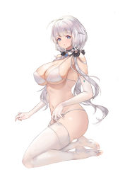Rule 34 | 1girl, absurdres, ahoge, ass, azur lane, bare shoulders, black-bird ccn, blue eyes, blunt bangs, bra, breasts, chinese commentary, cleavage, collarbone, covered erect nipples, detached collar, elbow gloves, eyelashes, feet, flashing, flower knot, full body, gloves, highres, illustrious (azur lane), jewelry, large breasts, long bangs, looking at viewer, navel, necklace, oppai challenge, panties, parted lips, seiza, shadow, simple background, sitting, solo, thighhighs, thighs, underwear, white background, white bra, white hair, white panties, white thighhighs