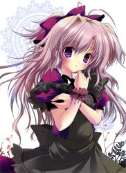 Rule 34 | 1girl, absurdres, bow, dress, hair bow, highres, izumi tsubasu, purple eyes, purple hair, simple background, solo, wrist cuffs