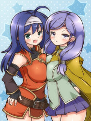 Rule 34 | 2girls, :d, ahoge, arms behind back, belt, blue hair, blush, breast press, breasts, cape, chro (rulurullu), cowboy shot, detached sleeves, expressionless, fire emblem, fire emblem: radiant dawn, green eyes, hand on own hip, headband, ilyana (fire emblem), large breasts, long hair, long sleeves, low twintails, mia (fire emblem), miniskirt, multiple girls, nintendo, open mouth, pleated skirt, purple eyes, purple hair, skirt, smile, star (symbol), starry background, symmetrical docking, twintails