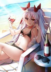Rule 34 | 1girl, absurdres, alternate costume, azur lane, bare shoulders, beach, bikini, black bikini, black nails, blue sky, blush, bottle, breasts, chain, chair, cleavage, cloud, collarbone, cup, day, drinking glass, unworn eyewear, fang, front-tie top, hair between eyes, hair ornament, hair ribbon, hand on own face, highres, holding, holding cup, holding drinking glass, knee up, long hair, looking at viewer, lounge chair, nail polish, navel, ocean, open mouth, outdoors, red eyes, red ribbon, ribbon, sand, shade, sidelocks, silver hair, sky, small breasts, smile, solo, sparkle, stomach, sunglasses, sunlight, swimsuit, table, tail, thighs, twintails, vampire (azur lane), very long hair, wine glass, yukkurin