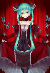 Rule 34 | 1girl, absurdres, aqua hair, bare shoulders, black pantyhose, bow, bug, butterfly, choker, crossed legs, dress, flat chest, flower, green eyes, has bad revision, has downscaled revision, hatsune miku, highres, insect, long hair, looking at viewer, md5 mismatch, nidy, pantyhose, resolution mismatch, rose, skirt hold, smile, solo, source smaller, standing, twintails, very long hair, vocaloid