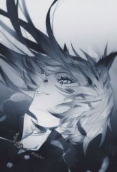 Rule 34 | 1girl, animal ear fluff, animal ears, arknights, blue eyes, chain, eyelashes, feathers, floating hair, gradient background, grin, hair ornament, hairclip, highres, lappland (arknights), light particles, likishi, long hair, looking at viewer, monochrome, scar, scar across eye, sideways glance, smile, solo, spot color, wolf ears