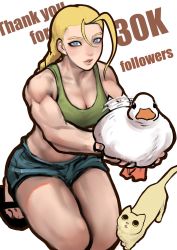Rule 34 | 1girl, afterimage, animal, ayaki blade, bird, blonde hair, braid, breasts, cammy white, cat, cleavage, crop top, duck, green tank top, highres, holding, holding animal, lips, medium breasts, midriff, muscular, muscular female, sandals, short shorts, shorts, solo, squatting, street fighter, street fighter v, tail, tail wagging, tank top, thank you