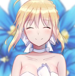 Rule 34 | 1girl, alternate costume, artoria pendragon (all), artoria pendragon (fate), bare shoulders, blonde hair, blue flower, blurry, blurry background, blush, bow, braid, breasts, choker, cleavage, closed eyes, collarbone, crown braid, dress, fate/grand order, fate (series), flower, gloves, hair bow, hand on own chest, lily (flower), medium breasts, saber (fate), short hair, sidelocks, sii artatm, sleeveless, sleeveless dress, smile, solo, strapless, strapless dress, white bow, white choker, white gloves