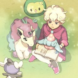 Rule 34 | 1boy, ahoge, bede (pokemon), blonde hair, book, coat, commentary request, creatures (company), crossed legs, curly hair, day, galarian form, galarian ponyta, game freak, gen 5 pokemon, gen 8 pokemon, gothita, grass, hatenna, holding, holding book, matsuri (matsuike), nintendo, outdoors, pokemon, pokemon (creature), pokemon swsh, popped collar, purple coat, sitting, solosis