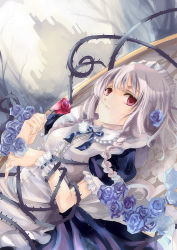 Rule 34 | 1girl, blue flower, blue rose, bow, braid, female focus, flower, giaour, izayoi sakuya, maid, maid headdress, plant, red eyes, red flower, red rose, rose, silver hair, solo, embodiment of scarlet devil, touhou, twin braids, vines, wrist cuffs