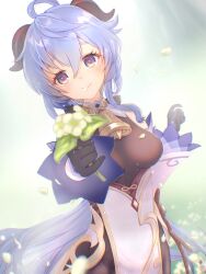 Rule 34 | 1girl, ahoge, bare shoulders, bell, black gloves, blue hair, blush, breasts, chinese knot, detached sleeves, eating flower, emu (60-09), flower, flower knot, ganyu (genshin impact), genshin impact, gloves, gold trim, highres, holding, holding flower, horns, kedama (kdmsato), light smile, long hair, looking at viewer, medium breasts, neck bell, petals, petals in mouth, pov, purple eyes, qingxin flower, sidelocks, solo, tassel, vision (genshin impact), white flower, white sleeves