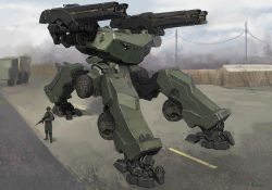 Rule 34 | 1boy, absurdres, gun, helmet, highres, holding, holding gun, holding weapon, male focus, mecha, mechium, military, military truck, military vehicle, motor vehicle, original, robot, science, science fiction, size difference, soldier, standing, truck, weapon