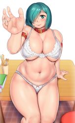 Rule 34 | 1girl, aqua hair, blush, breasts, commentary request, feet out of frame, green eyes, head tilt, highres, large breasts, looking at viewer, medium hair, my maid (orizen), navel, original, orizen, panties, short hair, solo, tareme, thick thighs, thighs, underwear, underwear only, white background