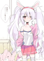 Rule 34 | 1girl, animal ears, azur lane, bare shoulders, blush, camisole, closed mouth, collarbone, fur-trimmed jacket, fur trim, hair between eyes, hairband, hand up, highres, holding, holding stuffed toy, indoors, jacket, laffey (azur lane), long hair, long sleeves, looking at viewer, mito (go!go!king!), official art, one eye closed, open clothes, open jacket, pink jacket, pleated skirt, rabbit ears, red eyes, red hairband, red skirt, sidelocks, silver hair, sketch, skirt, sleeves past fingers, sleeves past wrists, solo, stuffed animal, stuffed rabbit, stuffed toy, thighhighs, translated, twintails, twitter username, very long hair, white camisole, white thighhighs