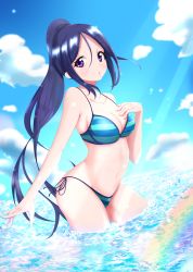 Rule 34 | 1girl, artist request, bare arms, bare legs, bikini, blue hair, blush, breasts, female focus, high ponytail, long hair, looking at viewer, love live!, love live! sunshine!!, matsuura kanan, navel, ocean, purple eyes, sky, solo, standing, striped bikini, striped clothes, swimsuit, underboob, water