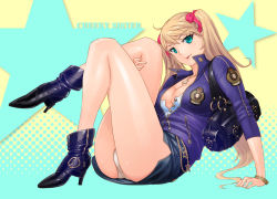 Rule 34 | 1girl, ankle boots, arm support, bag, blonde hair, blue eyes, boots, bow, bracelet, breasts, character request, cleavage, female focus, full body, hair bow, hair ornament, hair ribbon, handbag, high heel boots, high heels, jewelry, key, legs, long hair, looking at viewer, miniskirt, necklace, original, panties, pantyshot, red-p, ribbon, simple background, sitting, skirt, solo, straight hair, thighs, twintails, underwear, white panties