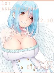 Rule 34 | 1girl, 32. (32 sats), anniversary, bad id, bad twitter id, bare shoulders, blue hair, blush, braid, breasts, cleavage, commentary, dress, feathered wings, french braid, grin, happy birthday, highres, large breasts, light blue hair, looking at viewer, moira (nijisanji), mole, mole on breast, mole under mouth, nijisanji, parted lips, see-through, short hair, simple background, smile, solo, upper body, virtual youtuber, white background, white dress, wings, yellow eyes