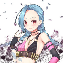 Rule 34 | 1girl, belt, blue hair, braid, bullet, flat chest, highres, jewelry, jinx (league of legends), league of legends, long hair, michu love, necklace, pink eyes, solo, tattoo, twin braids