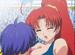 Rule 34 | 1boy, 1girl, ahoge, animated, animated gif, ass, blush, bouncing breasts, breasts, cleavage, eiken, closed eyes, head between breasts, large breasts, lowres, one-piece swimsuit, ponytail, red hair, shinonome chiharu, swimsuit