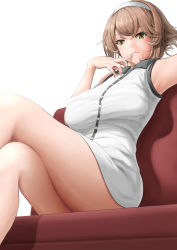 Rule 34 | 1girl, breasts, brown hair, closed mouth, couch, covered erect nipples, crossed legs, dress, finger to mouth, flipped hair, green hair, headband, kantai collection, kasu (kasunohikari), large breasts, looking at viewer, mutsu (kancolle), short hair, simple background, sitting, sleeveless, sleeveless dress, solo, thighs, white background, white dress, white headband