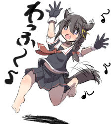 Rule 34 | 1girl, absurdres, arms up, bad id, bad pixiv id, barefoot, black gloves, black hair, black serafuku, black shirt, black skirt, blue eyes, blush, dog girl, dog tail, eighth note, expressive hair, fang, gloves, hair between eyes, hair flaps, hair ornament, highres, kantai collection, kemonomimi mode, long hair, musical note, necktie, nose blush, open mouth, pleated skirt, red necktie, school uniform, serafuku, shigure (kancolle), shigure kai ni (kancolle), shirt, short sleeves, skirt, solo, tail, translation request, u-non (annon&#039;an), white background