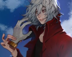 Rule 34 | 1boy, bags under eyes, black shirt, blue sky, boku no hero academia, clenched teeth, cloud, coat, commentary, day, disembodied hand, english commentary, fingernails, floating hair, grey hair, hair between eyes, hand up, highres, holding, lavelis, male focus, medium hair, mole, mole under mouth, open clothes, open coat, parted lips, red coat, red eyes, sanpaku, scar on mouth, shigaraki tomura, shirt, signature, sky, solo, teeth