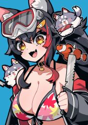Rule 34 | 1girl, :d, animal ear fluff, animal ears, bikini, black choker, black hair, black jacket, blush, breasts, brown eyes, choker, clownfish, fang, fish, goggles, goggles on head, highres, holding, holding knife, hololive, hosoi kouzou, jacket, knife, large breasts, leaf print, long sleeves, miofa (ookami mio), multicolored hair, ookami mio, ookami mio (hololive summer 2019), open clothes, open jacket, open mouth, ponytail, print bikini, red hair, sleeves past wrists, smile, solo, streaked hair, swimsuit, virtual youtuber, wolf ears