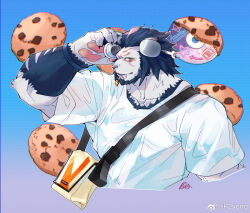 Rule 34 | 1boy, animal ears, bag, baggy clothes, bara, beard, cat boy, cat ears, cd, chocolate chip cookie, cookie, cropped torso, facial hair, facial mark, fangs, final fantasy, final fantasy xiv, food, furry, furry male, grey fur, hand on headphones, hrothgar, large pectorals, looking at viewer, male focus, mature male, muscular, muscular male, pectorals, ppyong, short hair, shoulder bag, sideways glance, slit pupils, solo, warrior of light (ff14)