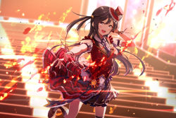 Rule 34 | 1girl, :d, black hair, blurry, blurry background, breasts, chase (love live!), collared shirt, dice gt, dress shirt, fingerless gloves, fire, gloves, grey eyes, hair ornament, hand on own head, hat, highres, long hair, looking at viewer, love live!, love live! nijigasaki high school idol club, medium breasts, necktie, one side up, open mouth, outstretched arm, outstretched hand, plaid, plaid skirt, puffy sleeves, red gloves, red hat, red vest, shirt, short sleeves, skirt, smile, solo, stairs, standing, standing on one leg, striped necktie, striped neckwear, teeth, tongue, upper teeth only, vest, white shirt, yuki setsuna (love live!)