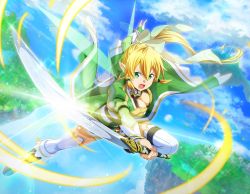 Rule 34 | 1girl, blonde hair, blue sky, boots, bow, bracelet, breasts, cleavage, cloud, day, floating hair, game cg, green eyes, green jacket, hair between eyes, hair bow, holding, holding sword, holding weapon, jacket, jewelry, leafa, long hair, long sleeves, medium breasts, open mouth, outdoors, pointy ears, ponytail, short shorts, shorts, sky, solo, sword, sword art online, thighhighs, v-shaped eyebrows, very long hair, waist cape, weapon, white bow