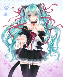 Rule 34 | 1girl, :3, animal ears, bare shoulders, bell, black thighhighs, blush, borrowed character, borrowed design, breasts, cat ears, cat tail, choker, commentary request, dress, green eyes, green hair, hair ribbon, hatsune miku, highres, jingle bell, kemonomimi mode, liu chun-ling, long hair, matching hair/eyes, multicolored hair, neck bell, outstretched hand, ribbon, silver hair, small breasts, solo, strapless, strapless dress, tail, thighhighs, two-tone hair, very long hair, vocaloid, zettai ryouiki