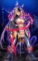 Rule 34 | 00s, 1girl, abs, alca steele, armor, blush, breasts, brown hair, cleavage, cyborg, electricity, energy, covered erect nipples, female focus, glowing, highres, large breasts, long hair, looking at viewer, navel, parted lips, red eyes, saliva, shindol, solo, standing, sweat, tail, taimanin (series), taimanin asagi, taimanin asagi kessen arena, very long hair