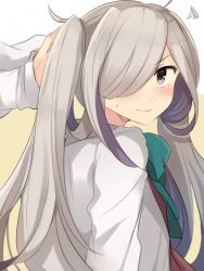 Rule 34 | 10s, 1girl, adjusting hair, alternate hairstyle, asashimo (kancolle), blush, grey eyes, hair over one eye, hiiragi souren, kantai collection, long hair, out of frame, silver hair, solo focus, twintails, tying hair
