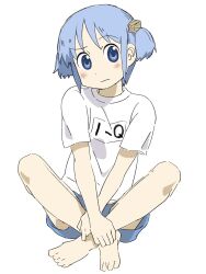 Rule 34 | 1girl, :|, bare legs, barefoot, blue eyes, blue hair, blue shorts, closed mouth, clothes writing, commentary, cube hair ornament, dot nose, expressionless, female focus, full body, gym uniform, hair ornament, head tilt, highres, indian style, looking at viewer, matching hair/eyes, naganohara mio, nakakiwaz, nichijou, raised eyebrow, shirt, short hair, short sleeves, short twintails, shorts, sidelocks, sitting, sketch, solo, symbol-only commentary, tareme, toes, twintails, two side up, upshorts, white shirt