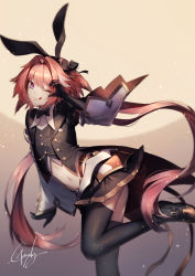 Rule 34 | 1boy, armor, astolfo (fate), astolfo (saber) (fate), belt, black bow, black bowtie, black footwear, black gloves, black jacket, black ribbon, black shirt, black skirt, black thighhighs, blush, bow, bowtie, buttons, chain, closed mouth, coattails, cropped shirt, crossdressing, fate/grand order, fate (series), faulds, genyaky, gloves, gradient background, hair between eyes, hair bow, hair intakes, hair ribbon, highres, jacket, juliet sleeves, long hair, long sleeves, looking at viewer, low twintails, male focus, midriff, miniskirt, multicolored hair, navel, one eye closed, open clothes, open jacket, pink hair, pleated skirt, puffy sleeves, purple eyes, ribbon, shirt, signature, skirt, smile, solo, streaked hair, thighhighs, thighs, trap, twintails, white hair, wide sleeves, wing collar