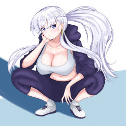 Rule 34 | 1girl, absurdres, alternate costume, alternate hairstyle, azur lane, belfast (azur lane), black jacket, black pants, blush, braid, breasts, casual, cleavage, closed mouth, collarbone, commentary request, comotaro, covered erect nipples, earrings, french braid, full body, groin, hair between eyes, hand on own cheek, hand on own face, highres, hood, hood down, hooded jacket, jacket, jewelry, large breasts, long hair, looking at viewer, midriff, navel, open clothes, open jacket, pants, ponytail, shadow, shoes, sidelocks, simple background, sleeves rolled up, sneakers, socks, solo, sports bra, squatting, white background, white footwear, white hair, white socks, white sports bra