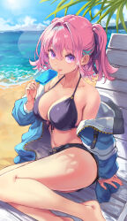 Rule 34 | 1girl, absurdres, bare shoulders, barefoot, beach, bikini, breasts, food, foot out of frame, front-tie bikini top, front-tie top, hair ribbon, highres, hinoki yuu, jacket, large breasts, legs, multicolored hair, open clothes, open jacket, original, palm tree, pink eyes, pink hair, popsicle, ribbon, short shorts, shorts, sitting, solo, swimsuit, tongue, tongue out, tree, twintails, two-tone hair
