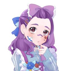 Rule 34 | 1girl, bandage on face, bandages, bandaid, bandaid on face, bandaid on nose, blue bow, blue flower, blue jacket, blue rose, bow, earrings, flower, hair bow, hair ornament, hair pulled back, hairclip, highres, jacket, jewelry, long sleeves, medium hair, milk (yes! precure 5), mimino kurumi, parted lips, precure, purple bow, purple eyes, purple hair, rose, shigen pr, simple background, sleeves past wrists, solo, track jacket, white background, x hair ornament, yes! precure 5, yes! precure 5 gogo!