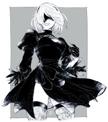 Rule 34 | 1girl, 2b (nier:automata), blindfold, border, breasts, cleavage, cleavage cutout, clothing cutout, collared dress, covered eyes, cowboy shot, cropped legs, dress, expressionless, facing viewer, gloves, grey background, greyscale, hairband, half gloves, hand up, hatching (texture), highres, itowff14, juliet sleeves, long sleeves, mole, mole under mouth, monochrome, nier:automata, nier (series), outside border, puffy sleeves, short hair, signature, simple background, solo, standing, thighhighs, white border