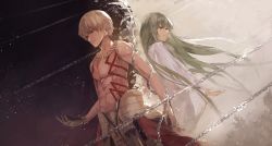 Rule 34 | 2boys, absurdres, armor, back-to-back, blonde hair, bodypaint, chain, commentary request, enkidu (fate), enkidu (weapon) (fate), fate/grand order, fate (series), gilgamesh (fate), green eyes, green hair, hand up, highres, jewelry, long hair, multiple boys, necklace, red eyes, robe, thkani, topless male, white robe