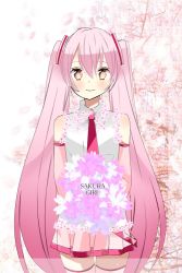 Rule 34 | 1girl, alternate color, alternate hair color, bad id, bad pixiv id, bouquet, cherry blossoms, detached sleeves, flower, hatsune miku, long hair, meno, name connection, necktie, object namesake, petals, pink hair, pink theme, sakura miku, skirt, smile, solo, thighhighs, twintails, very long hair, vocaloid, zettai ryouiki