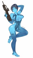 Rule 34 | 1girl, absurdres, animification, arm behind head, athan arion, barefoot, battle rifle, black hair, blue eyes, blue skin, br55, breasts, bullpup, colored skin, commentary, commission, cortana, english commentary, full body, gun, halo (game), halo (series), highres, holding, holding gun, holding weapon, large breasts, looking at viewer, navel, rifle, short hair, solo, weapon, white background