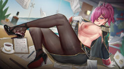 Rule 34 | 1girl, :q, absurdres, aiguillette, azur lane, black coat, black footwear, black jacket, black pantyhose, black skirt, blue eyes, blurry, blurry background, blush, breasts, coat, coffee, commentary, ctrlz77, cum, cum on clothes, cum on legs, earrings, epaulettes, full body, gloves, gold trim, hair over one eye, high heels, highres, indoors, jacket, jewelry, large breasts, looking at viewer, military, military uniform, miniskirt, mole, mole on breast, nipples, no bra, pantyhose, pencil skirt, ponytail, pulling own clothes, purple hair, shoes, sideboob, skirt, solo, tongue, tongue out, trieste (azur lane), uniform, white gloves