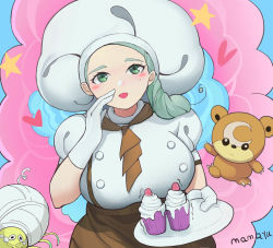 Rule 34 | 1girl, ascot, blush stickers, brown ascot, brown skirt, buttons, chef, commentary request, creatures (company), cupcake, eyelashes, food, game freak, gen 2 pokemon, gloves, green eyes, green hair, hat, holding, holding plate, katy (pokemon), long hair, mamayu, mole, mole under eye, nintendo, open mouth, plate, pokemon, pokemon (creature), pokemon sv, puffy sleeves, shirt, short sleeves, signature, skirt, smile, tarountula, teddiursa, trembling